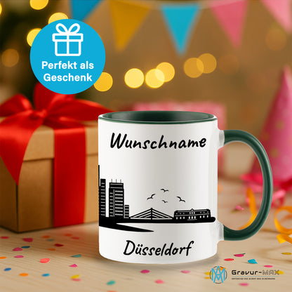 Tasse in Dunkelgrün 330ml bedruckt mit der Skyline von Düsseldorf personalisierbar mit Wunschname