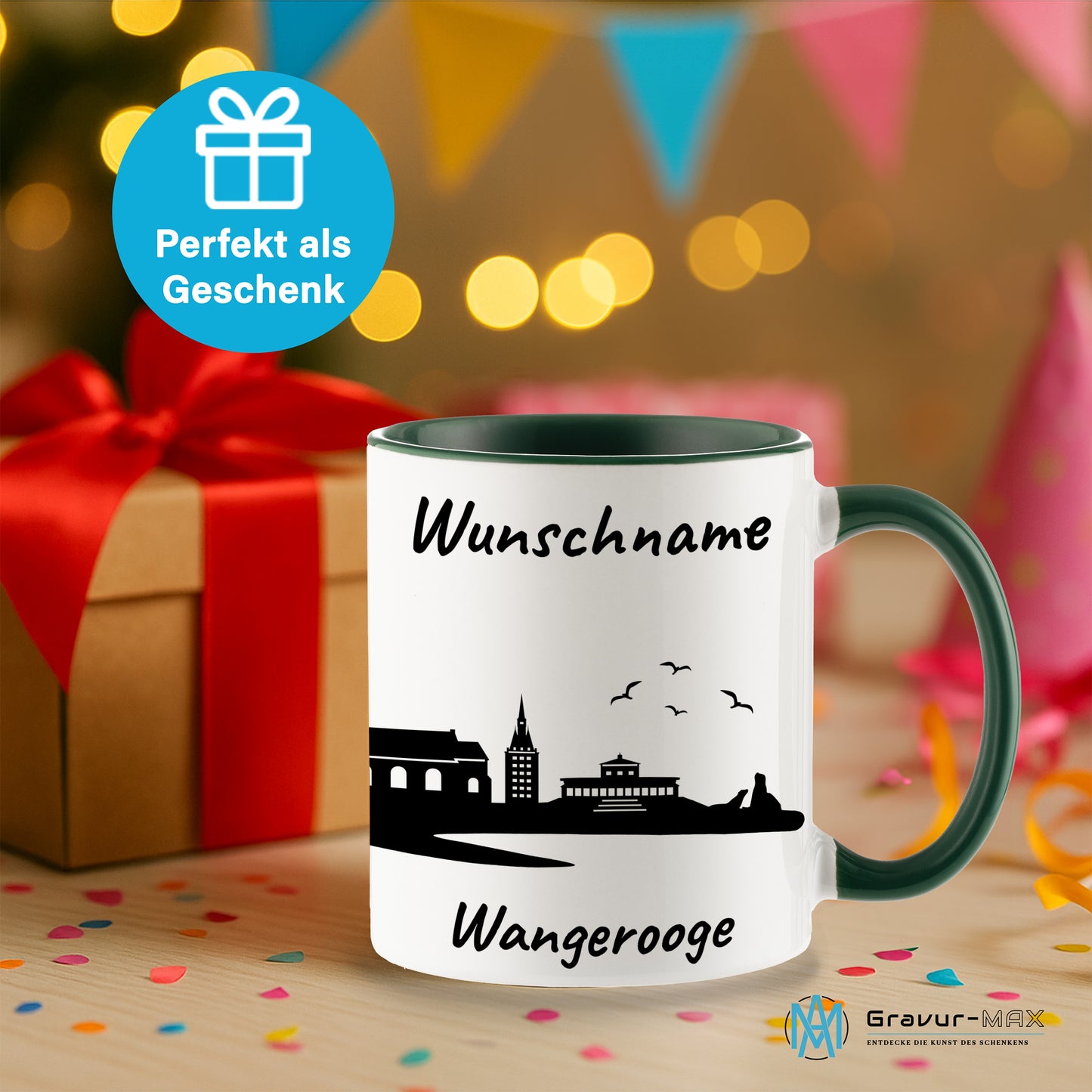 Tasse in Dunkelgrün 330ml bedruckt mit der Skyline von Wangerooge personalisierbar mit Wunschname