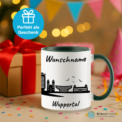 Tasse in Dunkelgrün 330ml bedruckt mit der Skyline von Wuppertal personalisierbar mit Wunschname