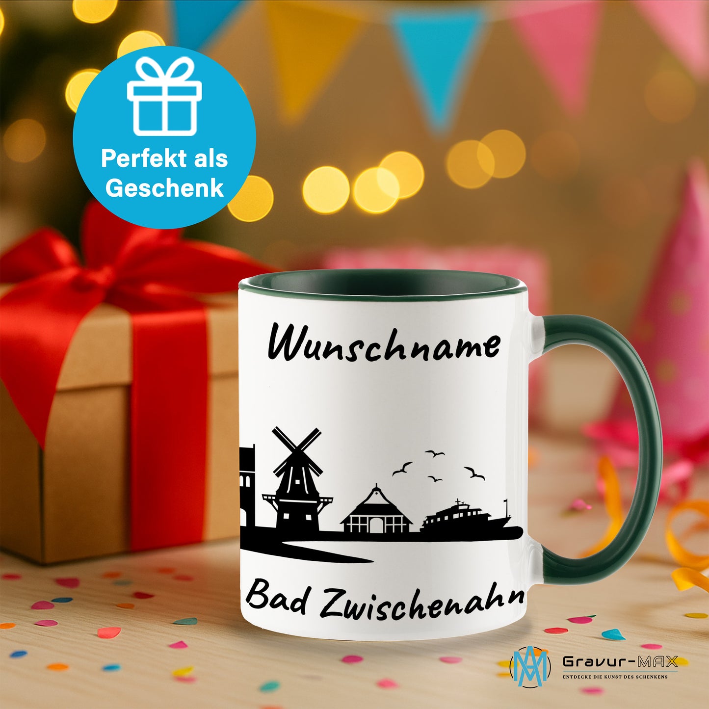Tasse in Dunkelgrün 330ml bedruckt mit der Skyline von Bad Zwischenahn personalisierbar mit Wunschname