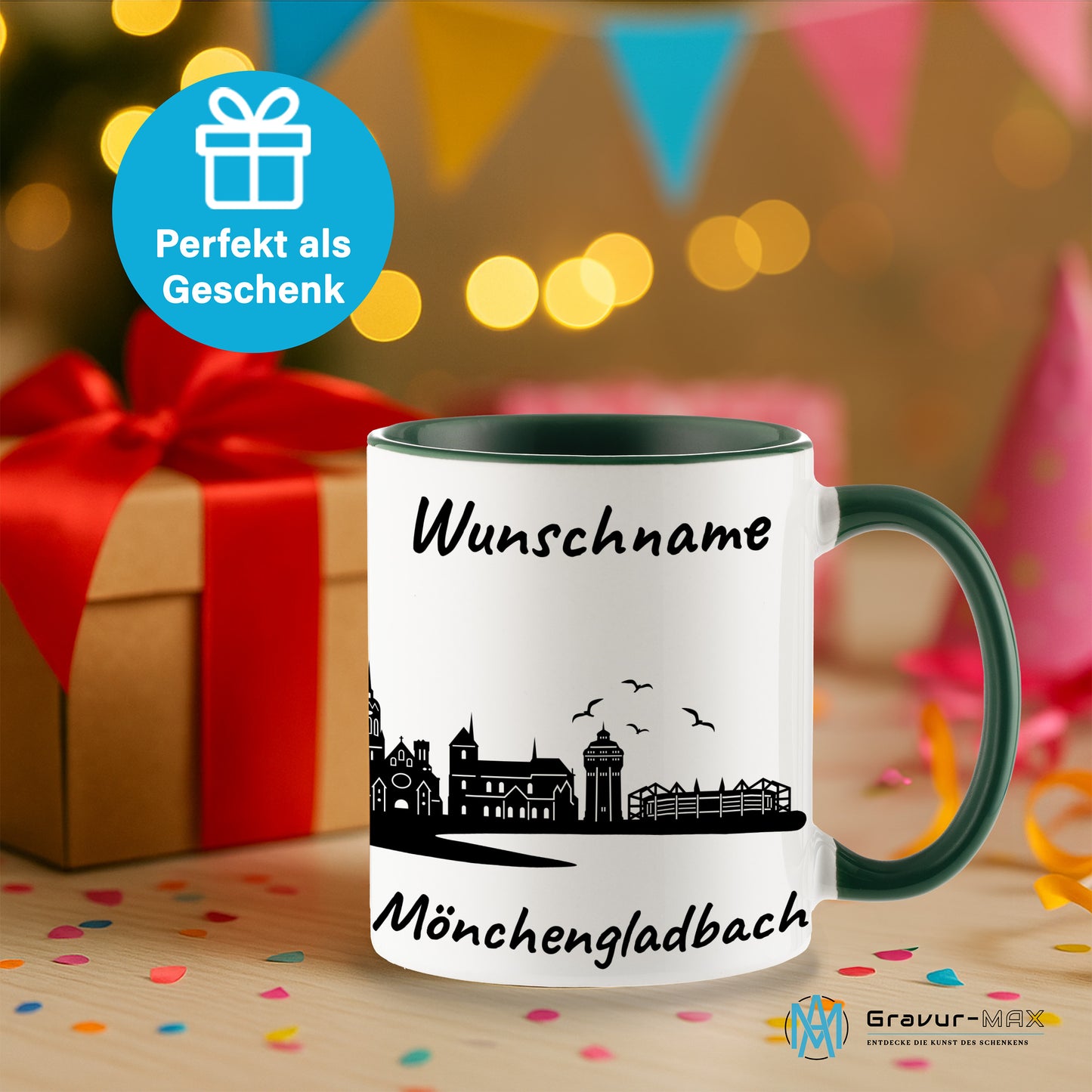 Tasse in Dunkelgrün 330ml bedruckt mit der Skyline von Mönchengladbach personalisierbar mit Wunschname