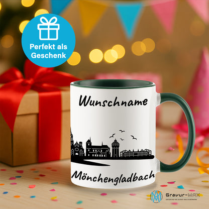 Tasse in Dunkelgrün 330ml bedruckt mit der Skyline von Mönchengladbach personalisierbar mit Wunschname