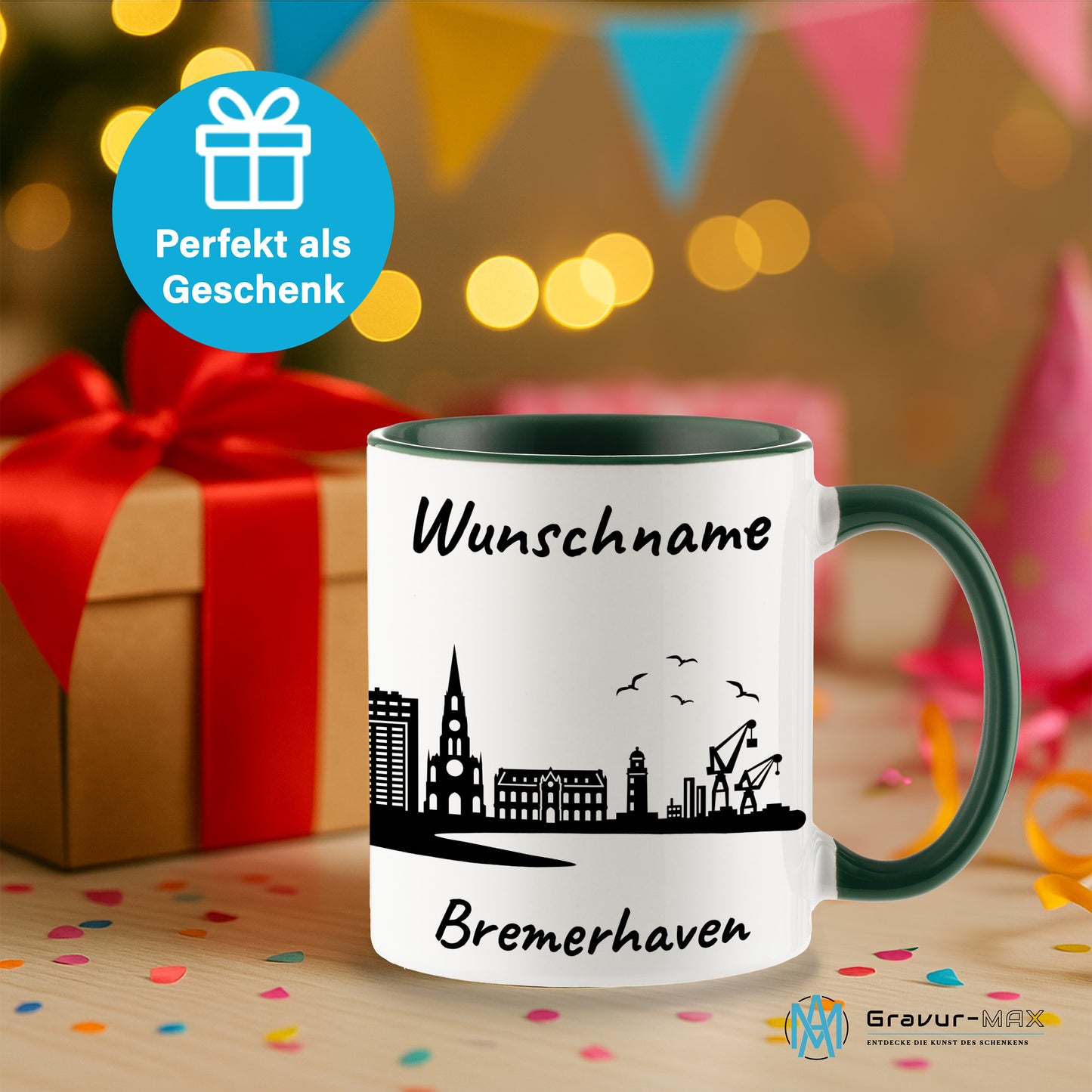 Tasse in Dunkelgrün 330ml bedruckt mit der Skyline von Bremerhaven personalisierbar mit Wunschname