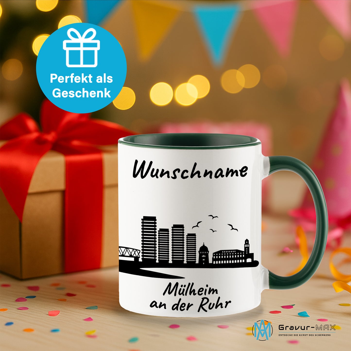 Tasse in Dunkelgrün 330ml bedruckt mit der Skyline von Mülheim an der Ruhr personalisierbar mit Wunschname