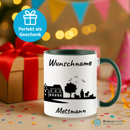 Tasse in Dunkelgrün 330ml bedruckt mit der Skyline von Mettmann personalisierbar mit Wunschname