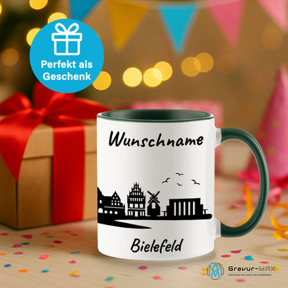 Tasse in Dunkelgrün 330ml bedruckt mit der Skyline von Bielefeld personalisierbar mit Wunschname