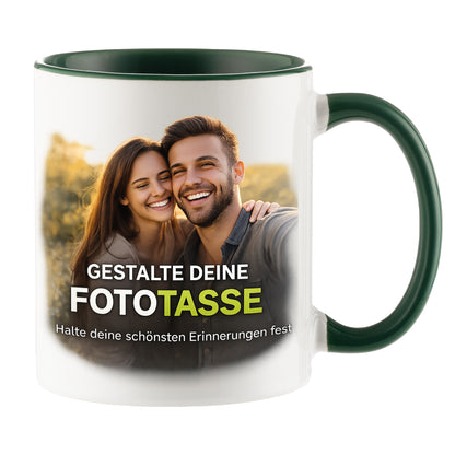 Personalisierte Fototasse selbst gestalten – in 13 ver. Farben mit eigenem Bild & Text | 3D Vorschau (330 ml)