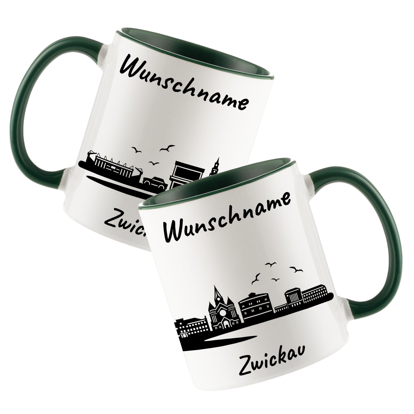 Tasse in Dunkelgrün 330ml bedruckt mit der Skyline von Zwickau personalisierbar mit Wunschname