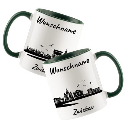 Tasse in Dunkelgrün 330ml bedruckt mit der Skyline von Zwickau personalisierbar mit Wunschname