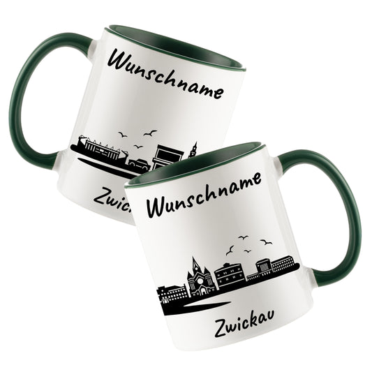 Tasse in Dunkelgrün 330ml bedruckt mit der Skyline von Zwickau personalisierbar mit Wunschname