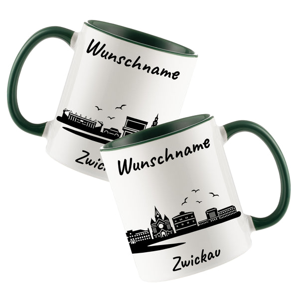 Tasse in Dunkelgrün 330ml bedruckt mit der Skyline von Zwickau personalisierbar mit Wunschname
