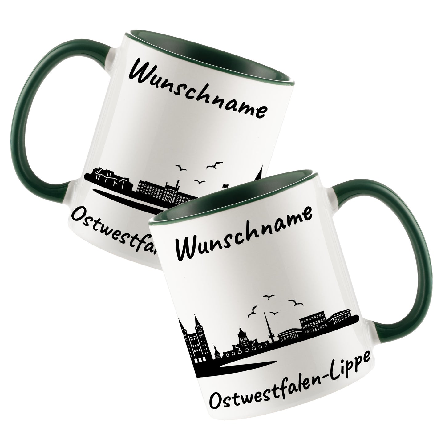 Tasse in Dunkelgrün 330ml bedruckt mit der Skyline von Ostwestfalen-Lippe personalisierbar mit Wunschname