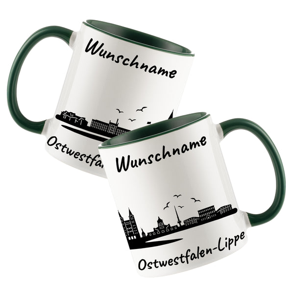 Tasse in Dunkelgrün 330ml bedruckt mit der Skyline von Ostwestfalen-Lippe personalisierbar mit Wunschname