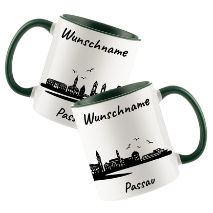 Tasse in Dunkelgrün 330ml bedruckt mit der Skyline von Passau personalisierbar mit Wunschname