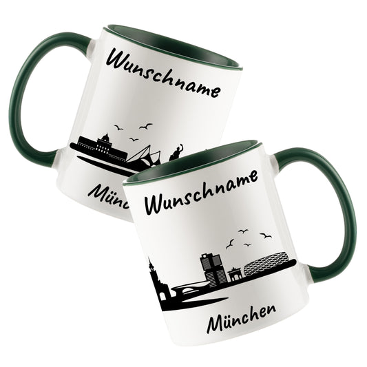 Tasse in Dunkelgrün 330ml bedruckt mit der Skyline von München personalisierbar mit Wunschname