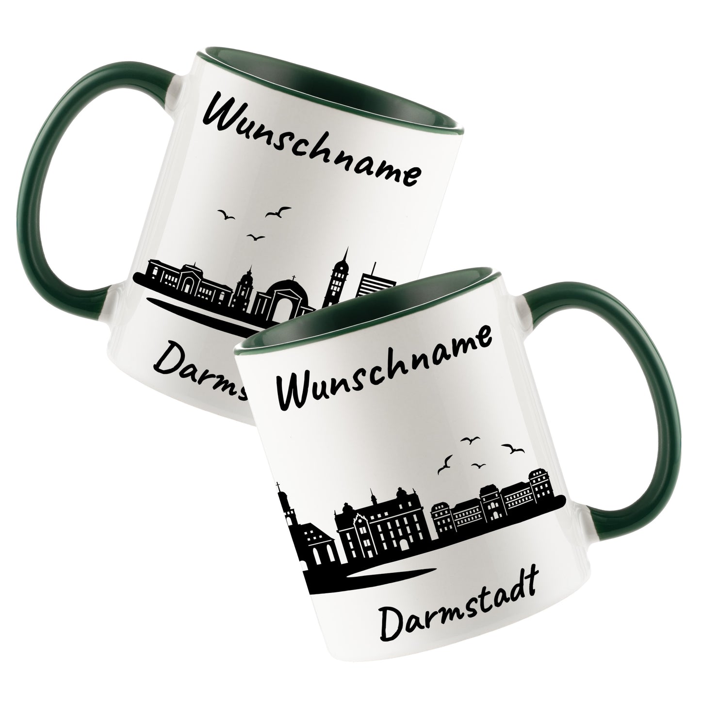 Tasse in Dunkelgrün 330ml bedruckt mit der Skyline von Darmstadt personalisierbar mit Wunschname
