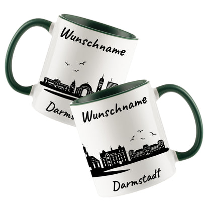 Tasse in Dunkelgrün 330ml bedruckt mit der Skyline von Darmstadt personalisierbar mit Wunschname