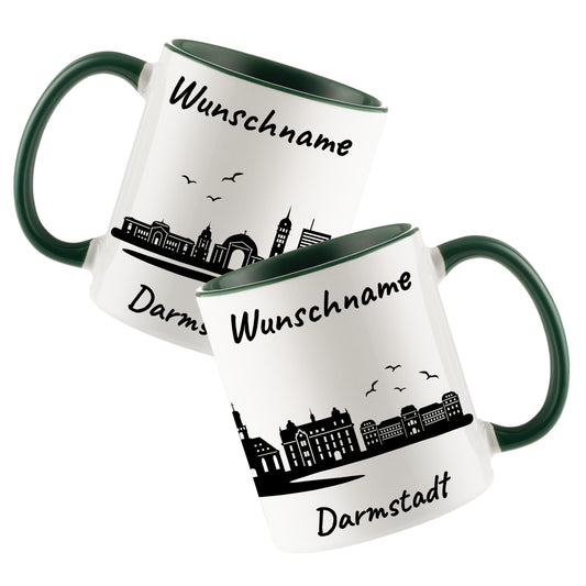 Tasse in Dunkelgrün 330ml bedruckt mit der Skyline von Darmstadt personalisierbar mit Wunschname