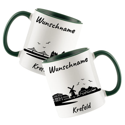 Tasse in Dunkelgrün 330ml bedruckt mit der Skyline von Krefeld personalisierbar mit Wunschname