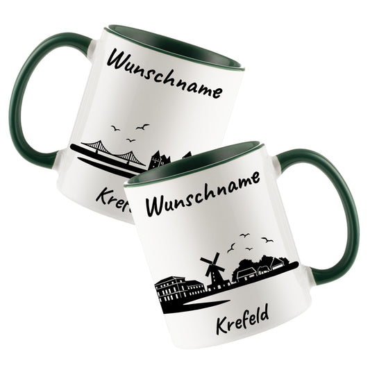 Tasse in Dunkelgrün 330ml bedruckt mit der Skyline von Krefeld personalisierbar mit Wunschname