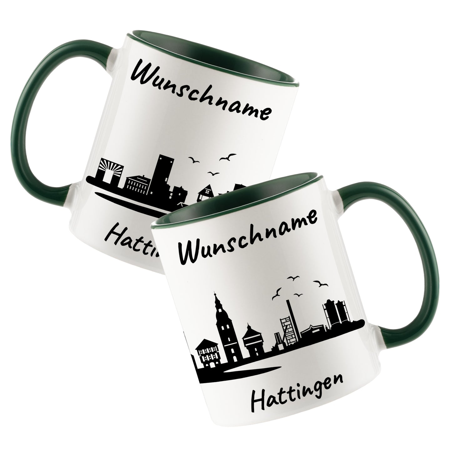 Tasse in Dunkelgrün 330ml bedruckt mit der Skyline von Hattingen personalisierbar mit Wunschname
