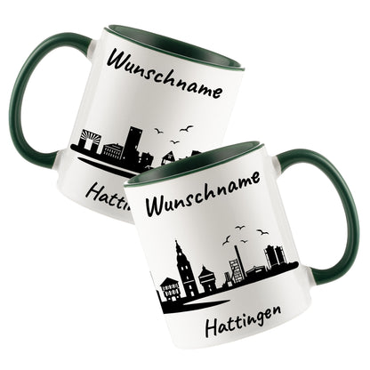 Tasse in Dunkelgrün 330ml bedruckt mit der Skyline von Hattingen personalisierbar mit Wunschname