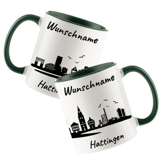 Tasse in Dunkelgrün 330ml bedruckt mit der Skyline von Hattingen personalisierbar mit Wunschname