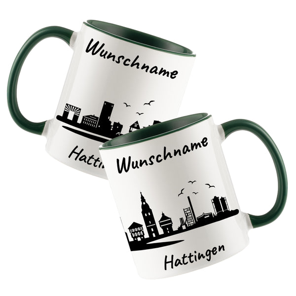Tasse in Dunkelgrün 330ml bedruckt mit der Skyline von Hattingen personalisierbar mit Wunschname