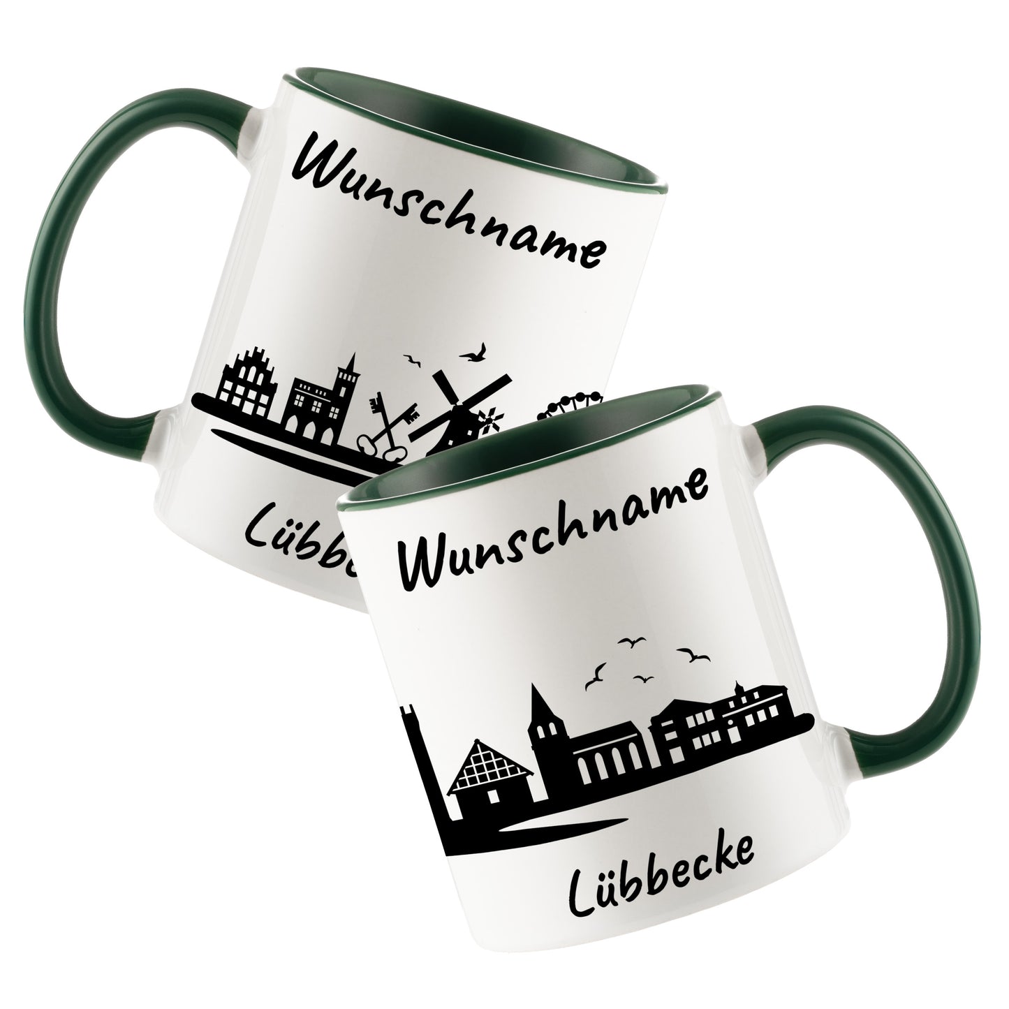 Tasse in Dunkelgrün 330ml bedruckt mit der Skyline von Lübbecke personalisierbar mit Wunschname