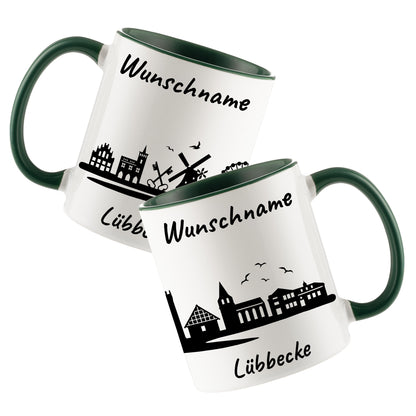 Tasse in Dunkelgrün 330ml bedruckt mit der Skyline von Lübbecke personalisierbar mit Wunschname