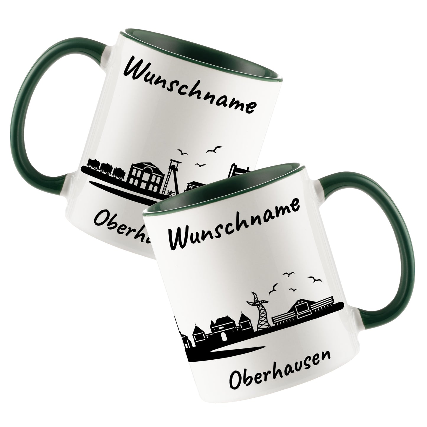 Tasse in Dunkelgrün 330ml bedruckt mit der Skyline von Oberhausen personalisierbar mit Wunschname