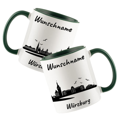 Tasse in Dunkelgrün 330ml bedruckt mit der Skyline von Würzburg personalisierbar mit Wunschname