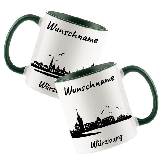 Tasse in Dunkelgrün 330ml bedruckt mit der Skyline von Würzburg personalisierbar mit Wunschname