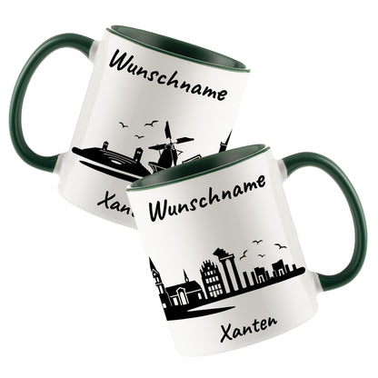 Tasse in Dunkelgrün 330ml bedruckt mit der Skyline von Xanten personalisierbar mit Wunschname