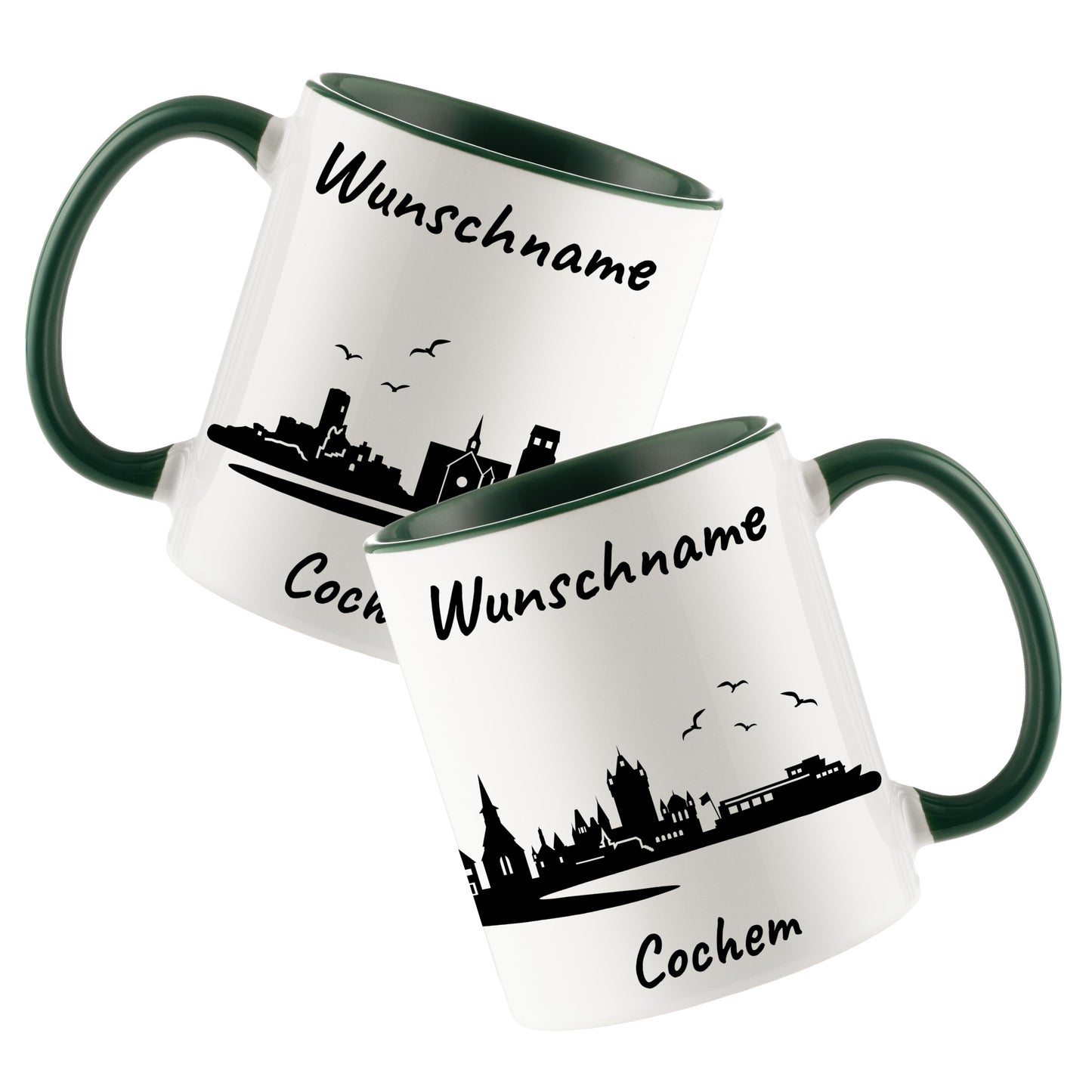 Tasse in Dunkelgrün 330ml bedruckt mit der Skyline von Cochem personalisierbar mit Wunschname