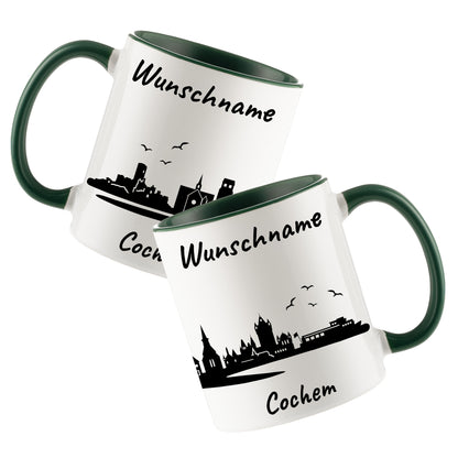 Tasse in Dunkelgrün 330ml bedruckt mit der Skyline von Cochem personalisierbar mit Wunschname