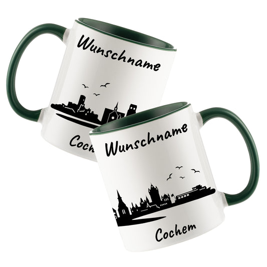 Tasse in Dunkelgrün 330ml bedruckt mit der Skyline von Cochem personalisierbar mit Wunschname