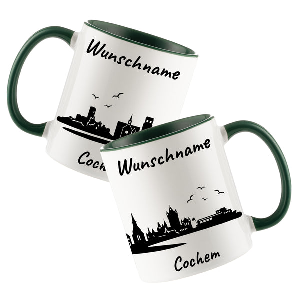 Tasse in Dunkelgrün 330ml bedruckt mit der Skyline von Cochem personalisierbar mit Wunschname
