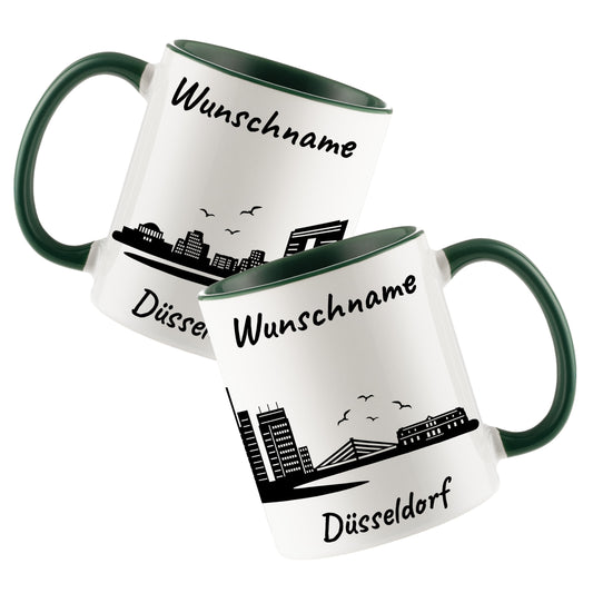 Tasse in Dunkelgrün 330ml bedruckt mit der Skyline von Düsseldorf personalisierbar mit Wunschname