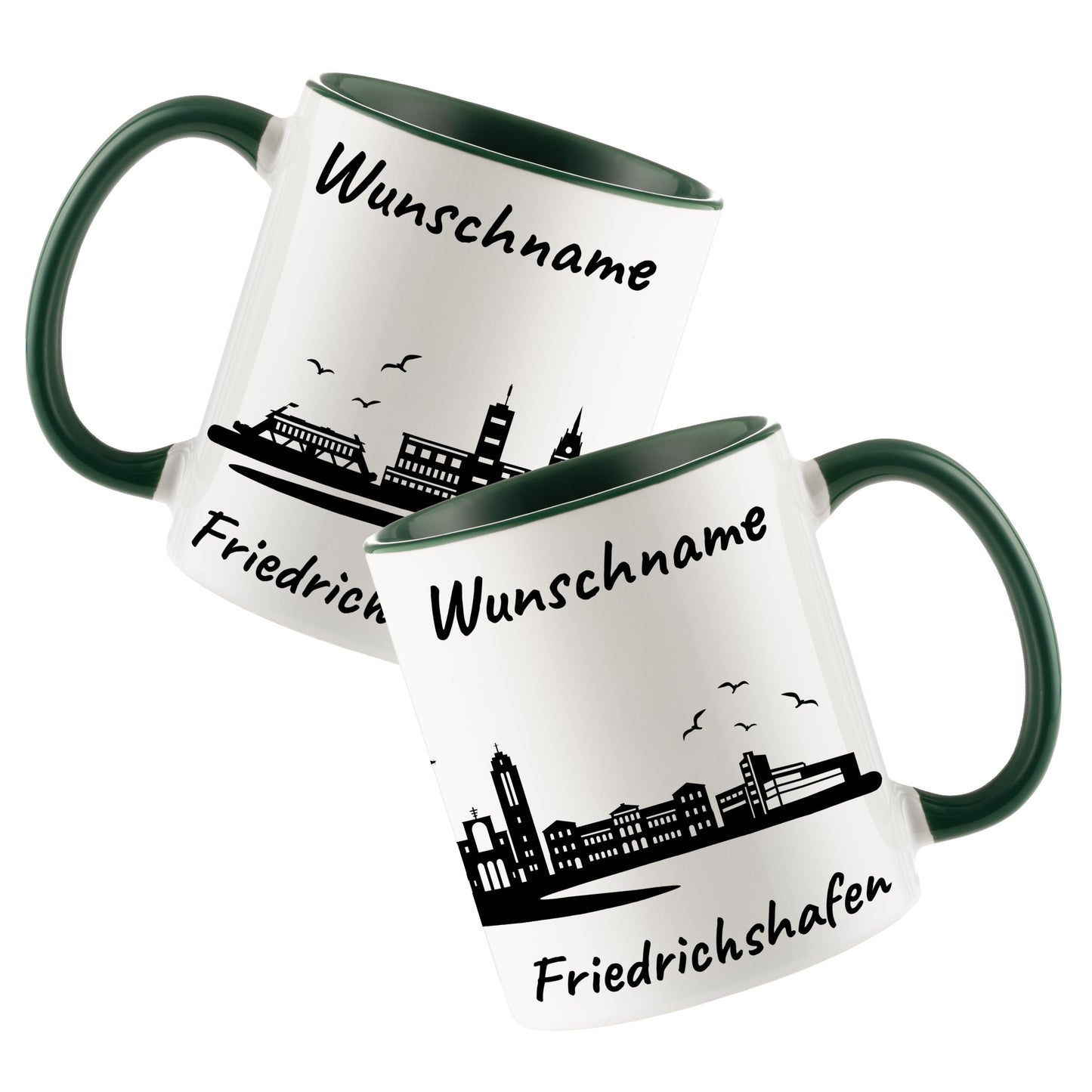 Tasse in Dunkelgrün 330ml bedruckt mit der Skyline von Friedrichshafen personalisierbar mit Wunschname