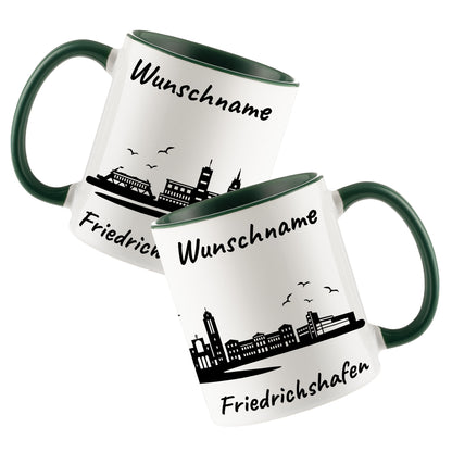 Tasse in Dunkelgrün 330ml bedruckt mit der Skyline von Friedrichshafen personalisierbar mit Wunschname