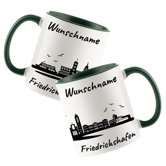 Tasse in Dunkelgrün 330ml bedruckt mit der Skyline von Friedrichshafen personalisierbar mit Wunschname