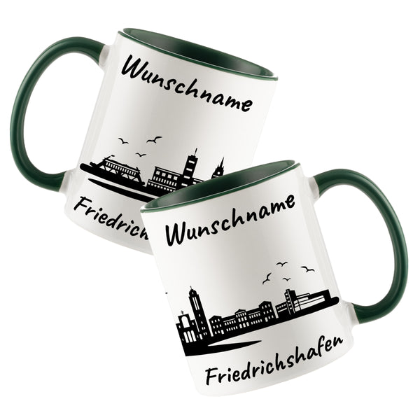 Tasse in Dunkelgrün 330ml bedruckt mit der Skyline von Friedrichshafen personalisierbar mit Wunschname