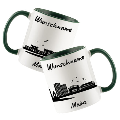 Tasse in Dunkelgrün 330ml bedruckt mit der Skyline von Mainz personalisierbar mit Wunschname