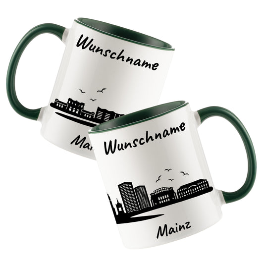 Tasse in Dunkelgrün 330ml bedruckt mit der Skyline von Mainz personalisierbar mit Wunschname