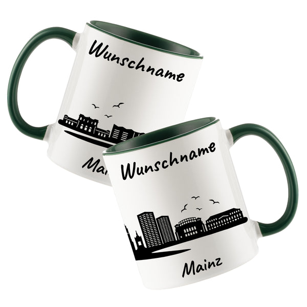 Tasse in Dunkelgrün 330ml bedruckt mit der Skyline von Mainz personalisierbar mit Wunschname