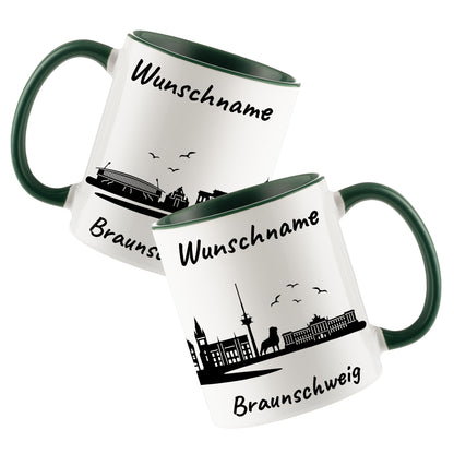 Tasse in Dunkelgrün 330ml bedruckt mit der Skyline von Braunschweig personalisierbar mit Wunschname
