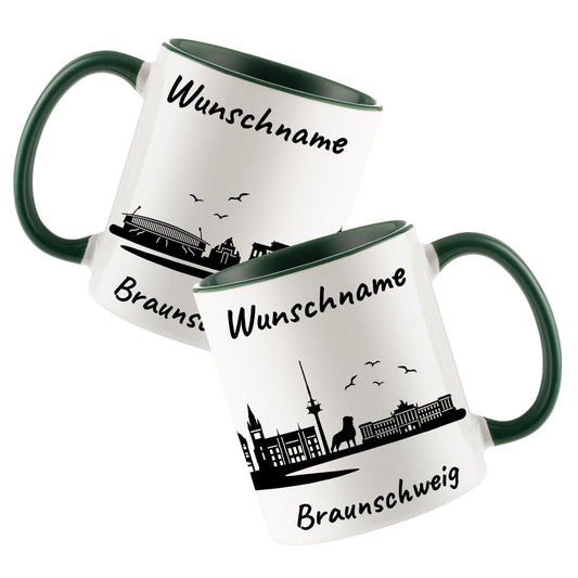 Tasse in Dunkelgrün 330ml bedruckt mit der Skyline von Braunschweig personalisierbar mit Wunschname
