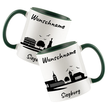 Tasse in Dunkelgrün 330ml bedruckt mit der Skyline von Siegburg personalisierbar mit Wunschname