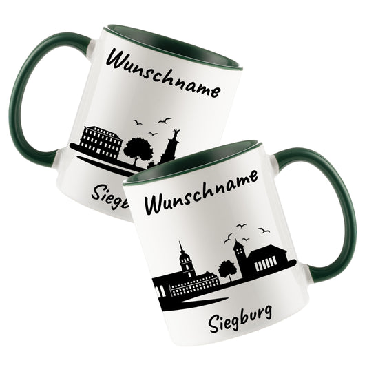 Tasse in Dunkelgrün 330ml bedruckt mit der Skyline von Siegburg personalisierbar mit Wunschname